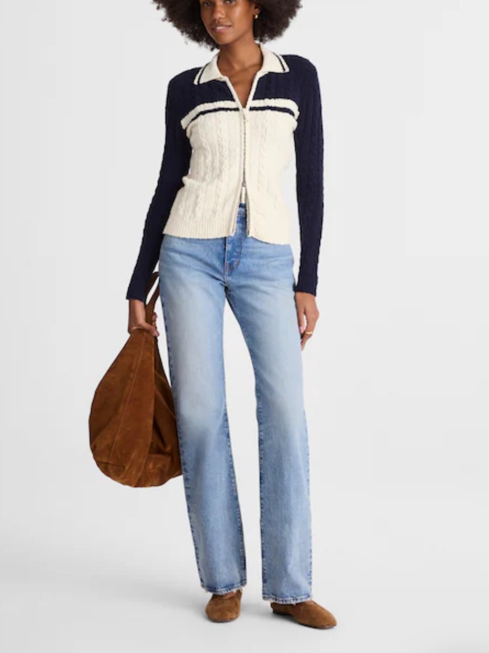 Madewell Colorblock Cable-Knit Zip Cardigan Ivory & Navy Sweater XS NWT $128
